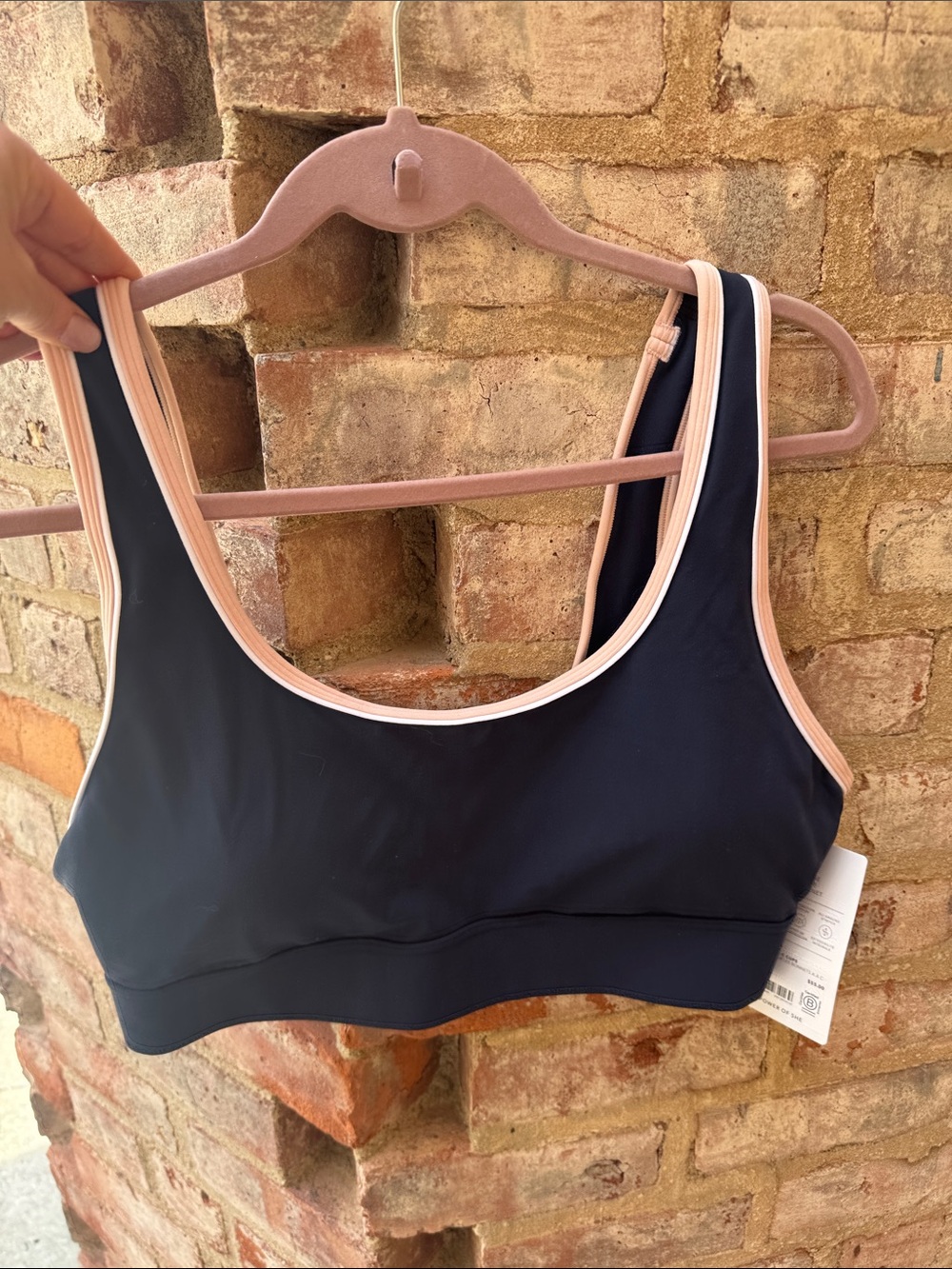 Athleta Navy Sports Bra with Blush Trim Accents (Breathe Longline Bra)